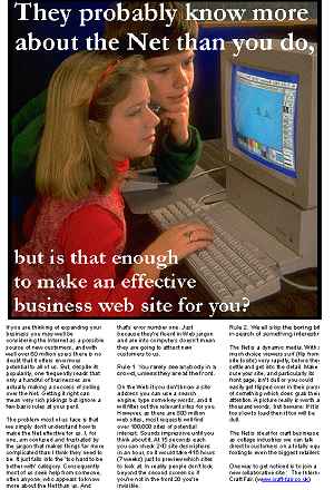Left hand page with photo of kids with the message: They probably know more about the Net than you do, but is that enough to make an effective business web site for you?